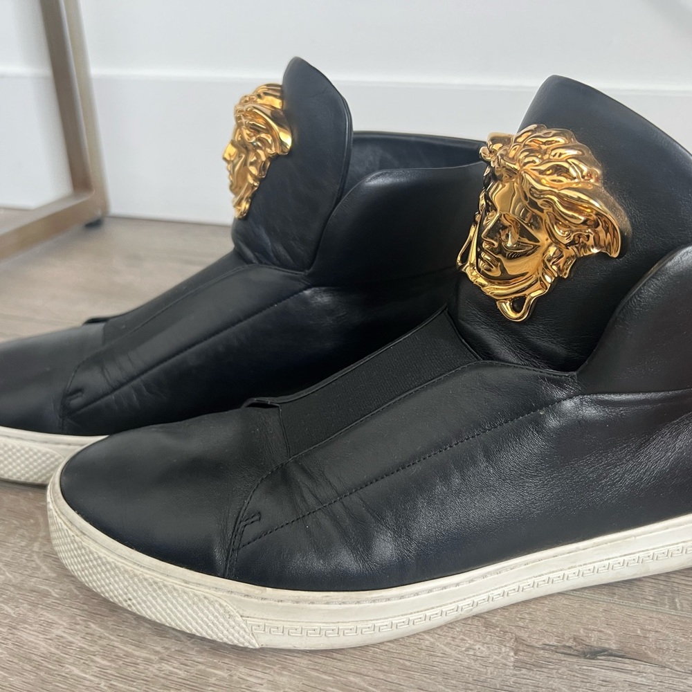 Versace Black Leather Palazzo Medusa High Top Slip On Sneakers Size 43 1/2